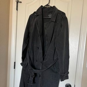 Distressed denim trench coat